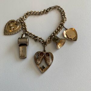 Vintage Gold Tone Charm Bracelet with Heart and Shoe Charms